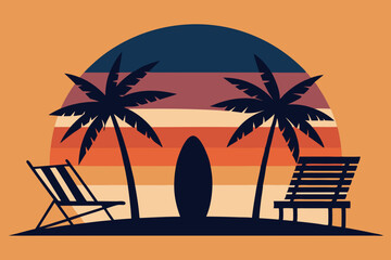 Vector Silhouette Beach Chairs Surfboards Palm Trees Sunset Sky Simple Design Flat Colors