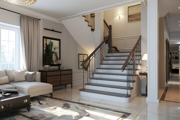 A stylish home interior with a modern staircase and a comfortable living area