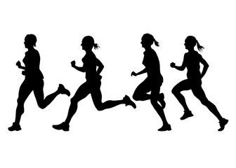 Young athletes run a marathon. Isolated silhouettes on white background