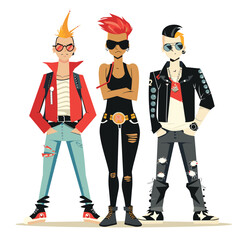 Three young adults styled punk rockers stand confidently. Left rock musician sports red jacket, mohawk, ripped jeans. Center punk girl black tank top sunglasses strikes pose