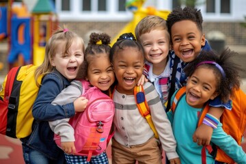 A group of children are smiling and hugging each other, with backpacks on