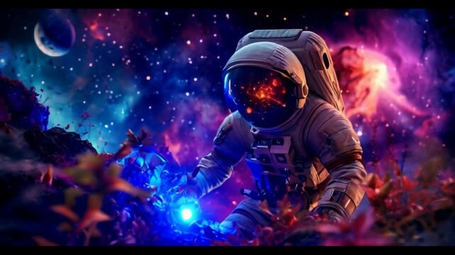 Astronaut exploring alien flora under a vibrant cosmic sky. Concept of interplanetary exploration and discovery of extraterrestrial life