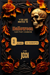 Happy Halloween party invitation Card with skull and flowers. halloween illustration. halloween vector. halloween background with flowers and scary skull.