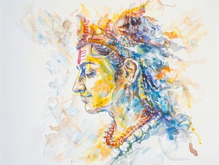 Fototapeta premium Medium shot of Vivid colorful watercolor art Indian-color tones in shape of profile shiva head, frame by torso, 