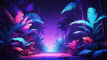 Trendy neon blue palm leaves, modern glowing light on violet background