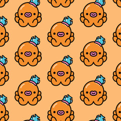CUTE LITTLE ORANGE OCTOPUS WITH A PIRANHA ON HIS HEAD SEAMLESS PATTERN