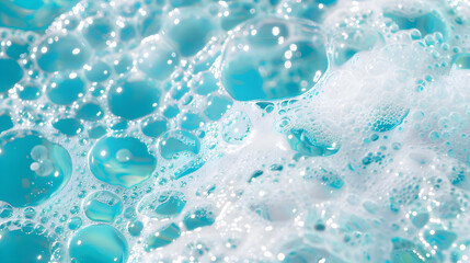 Fresh, foamy soap bubbles glistening in the sunlight against a bright blue background.