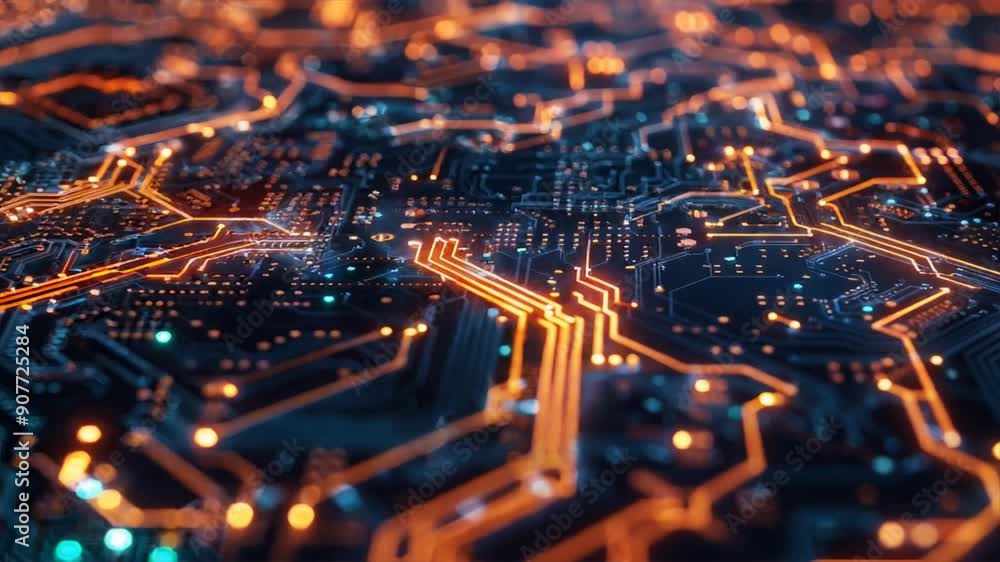 Poster close-up of a circuit board with intricate patterns and glowing leds