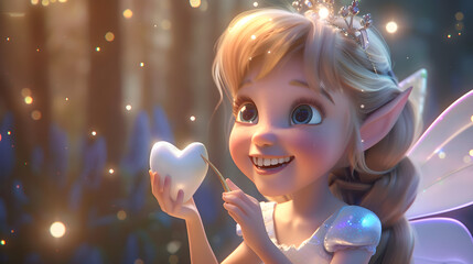 Cute tooth fairy cartoon character with wings holding a baby tooth. A fabulous illustration. First tooth loss concept.