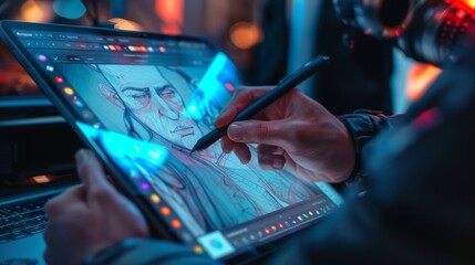 Hands Sketching an Advertisement Concept on a Tablet Using a Stylus