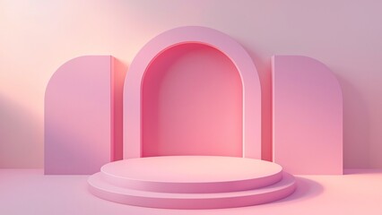 An empty podium with a pastel pink background. Suitable for cosmetic product presentations