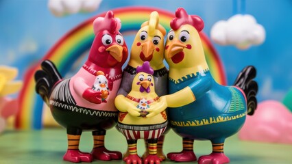 Fototapeta premium A group of colorful plastic chickens standing together in a rainbow, AI