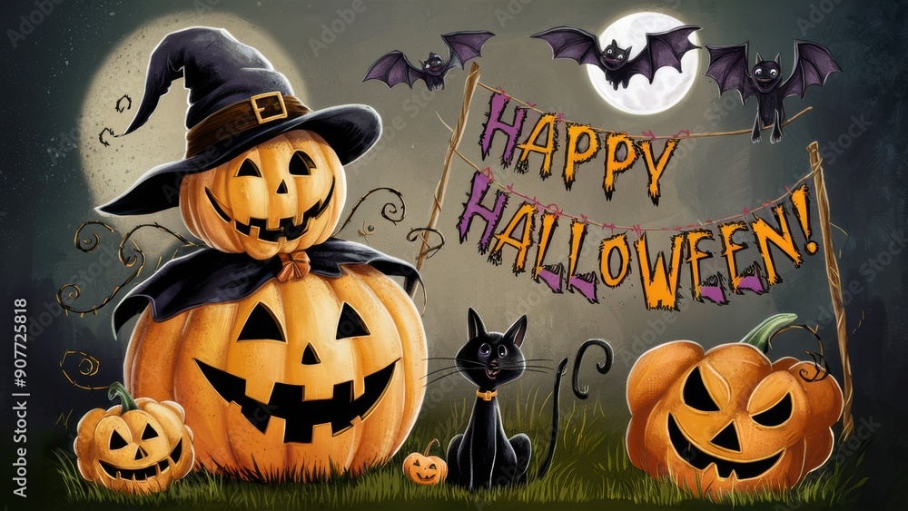 Wall mural a halloween card with a cat and pumpkin on the ground, ai