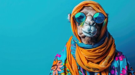 A colorful, patterned scarf is draped over a camel's head
