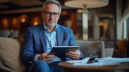 Photo of a middle-aged business man sitting in a hotel lobby using a tablet, wearing a blue suit and glasses. A coffee table with papers on it is visible.