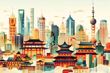 Art deco, China expressionism, cartoon, city skyline, natural colour.