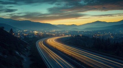 Obraz premium A stunning twilight view of a winding highway illuminated by car lights, surrounded by mountains and city lights.