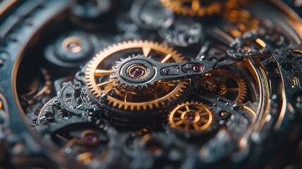 A close-up of a detailed watch mechanism with intricate gears and springs