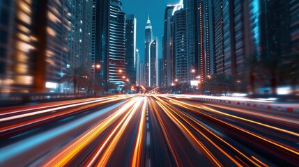 Obraz premium Dynamic cityscape at night with vibrant light trails and towering skyscrapers, showcasing urban energy and modern architecture.