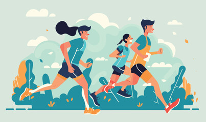 Three people jogging outdoors, runners motion, healthy lifestyle concept. Athletic woman men running, active sport, exercising outside. Flat design, dynamic composition, blue orange tones