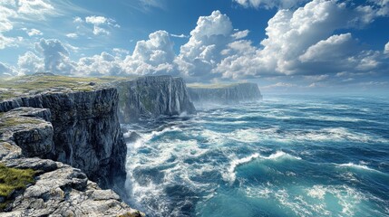 A panoramic view of a coastal cliff with detailed rock textures and ocean waves