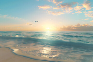 Golden Sunset Over Serene Sandy Beach with Calm Azure Ocean and Flying Seagulls in Tranquil Coastal Landscape