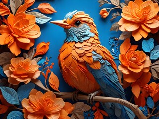 Fototapeta premium Vibrant and colorful digital illustration featuring a bird perched on a branch amidst a backdrop of lush, orange flowers. The bird has striking blue and orange plumage Generative AI