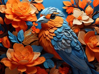 Obraz premium Vibrant and colorful digital illustration featuring a bird perched on a branch amidst a backdrop of lush, orange flowers. The bird has striking blue and orange plumage Generative AI