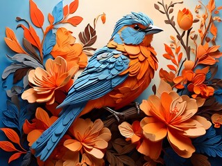 Obraz premium Vibrant and colorful digital illustration featuring a bird perched on a branch amidst a backdrop of lush, orange flowers. The bird has striking blue and orange plumage Generative AI