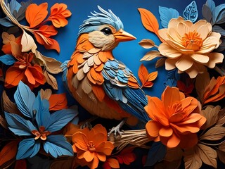 Vibrant and colorful digital illustration featuring a bird perched on a branch amidst a backdrop of lush, orange flowers. The bird has striking blue and orange plumage Generative AI