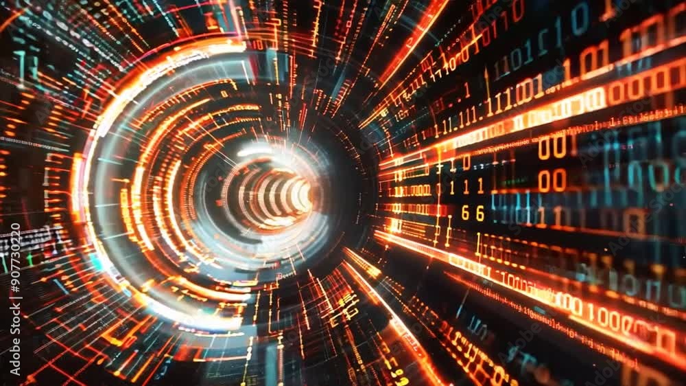Poster background featuring a digital tunnel with binary code spiraling through it