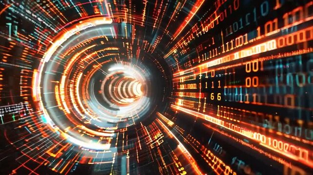 background featuring a digital tunnel with binary code spiraling through it