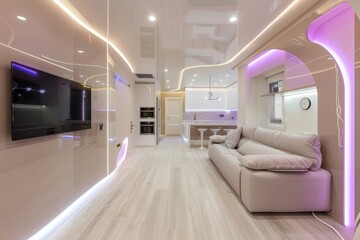 A modern interior with white walls, a curved ceiling, and a large white couch