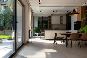 A modern kitchen interior with large patio doors and sunlight streaming in