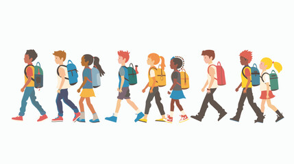Diverse group students walking side side, carrying backpacks, showing casual attire youthful energy. Children various ethnicities casual clothes their way school, education concept. Flat design
