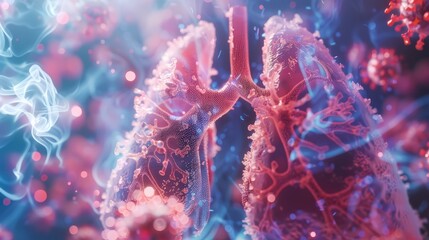 A close up of a pair of lungs with a red and blue background