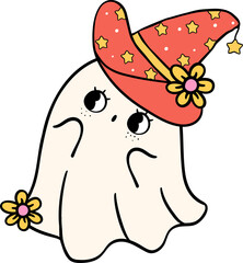 Groovy Retro Halloween Ghost Cartoon Character Doodle Hand Drawing  Vibrant Bold Funky Art