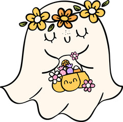 Groovy Retro Halloween Ghost Cartoon Character Doodle Hand Drawing  Vibrant Bold Funky Art