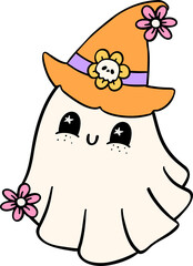 Groovy Retro Halloween Ghost Cartoon Character Doodle Hand Drawing  Vibrant Bold Funky Art