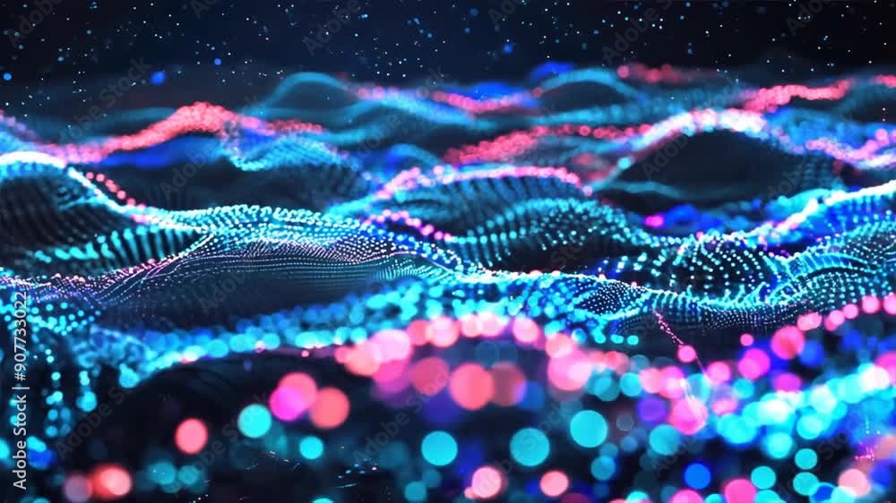 Poster close-up of a digital wave of data moving through a dark background