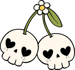Groovy Retro Halloween skull cherries Cartoon Character Doodle Hand Drawing  Vibrant Bold Funky Art