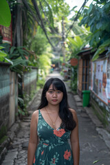 Naklejka premium indonesian women, with long black hair, blurred alley background, asian young woman, beautiful