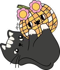 Groovy Retro Halloween cat. Cartoon Character Doodle Hand Drawing  Vibrant Bold Funky Art