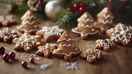 Close-up of beautifully decorated gingerbread cookies in festive shapes like trees and snowflakes, surrounded by holiday decor. Perfect for Christmas celebrations