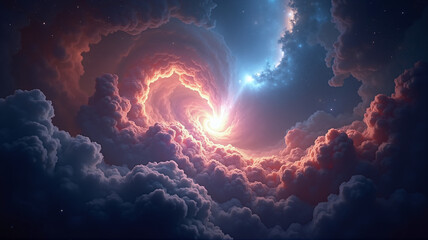 colorful clouds twirling and converging on a super bright star in the center of the frame