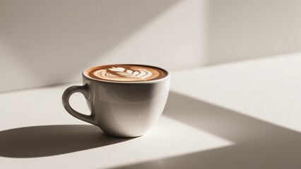 Cup of coffee with latte art on white background with shadow