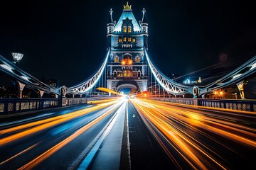 Obraz premium Tower bridge at night with light trails left by a passing double-decker bus, London, England, United Kingdom