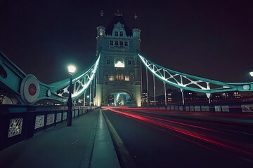 Obraz premium Tower bridge at night with light trails left by a passing double-decker bus, London, England, United Kingdom