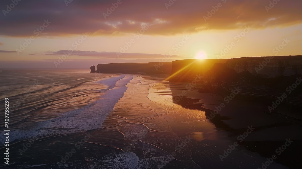 Poster sunset over ocean waves with golden light and a cliffside backdrop on a partly cloudy day
