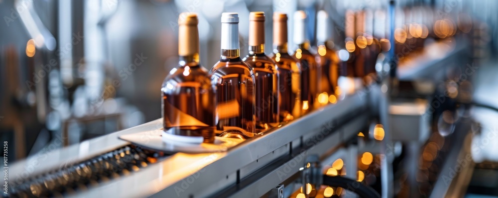 Poster high-tech labeling machine applying labels to wine bottles in a modern factory setting